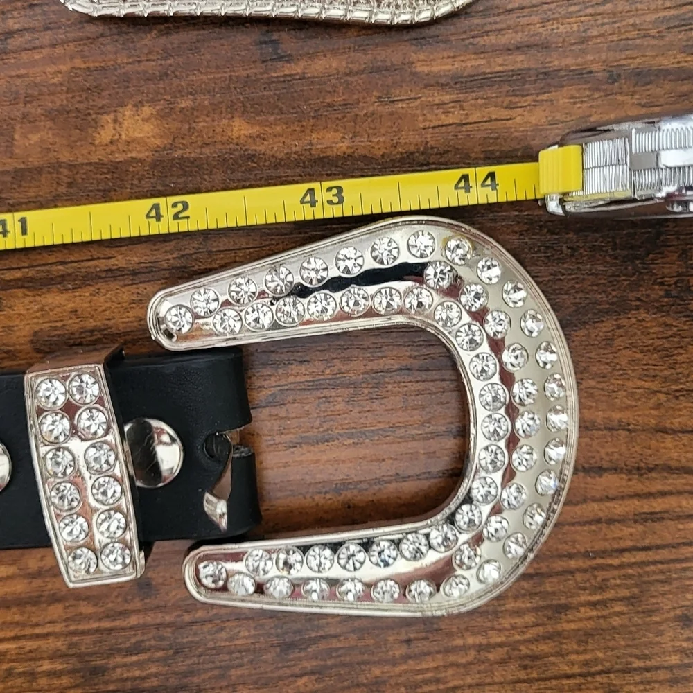 Crystal Mirrored Embellished Black Leather Rodeo Western Belt